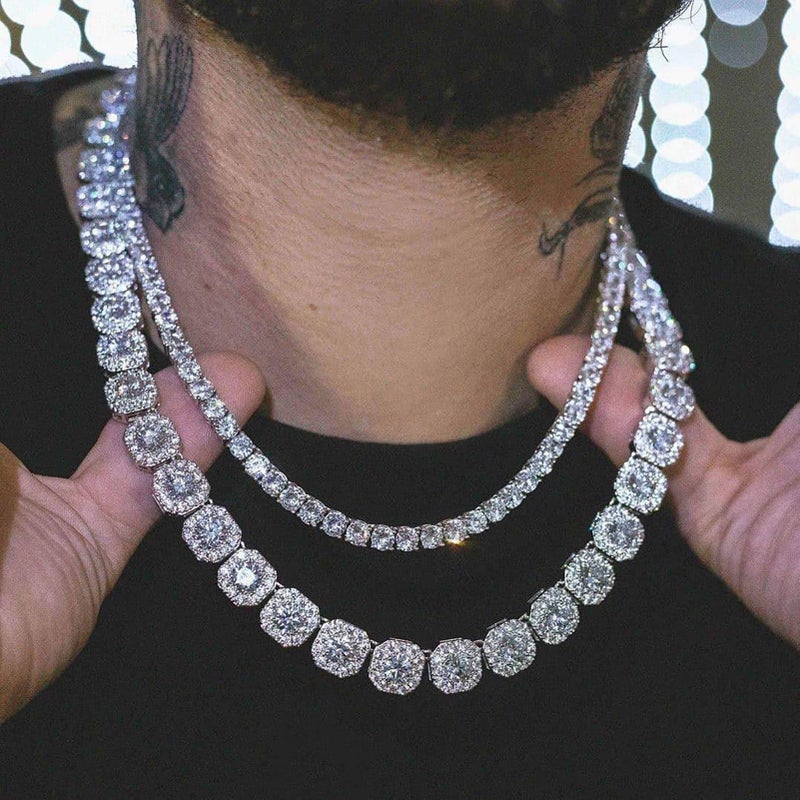 JINAO 10mm Silver Cluster Iced Out Jumbo Tennis Necklace Chain 18k Gold Plated Iced Out Cubic Zirconia Lab Simulated Diamond Square Halo Necklace Tennis Link Chain for Men Women (White Gold, 22) - Image 4